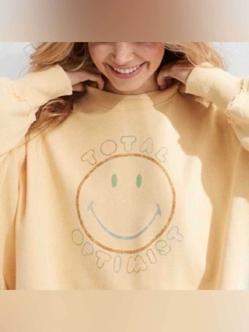 AERIE YELLOW 🙂SMILEY FACE “ TOTAL OPTIMIST” OVERSIZED CREWNECK SWEATSHIRT SIZE S